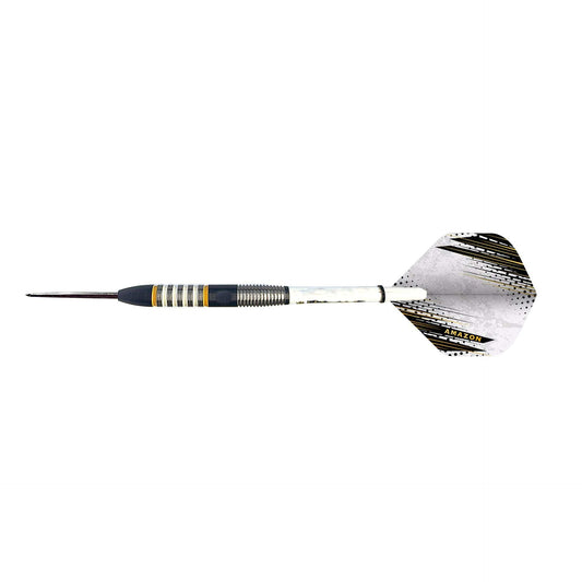 BD Gold 80% Tungsten Darts with a black barrel, gold and silver ring detailing, white shaft, and silver patterned flight.