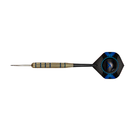 BDX Brass Darts with blue color rings, nylon black midi shafts, and black blue flights