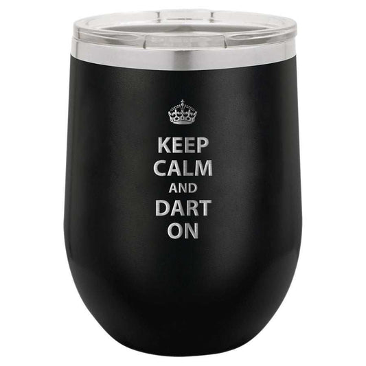Black stainless steel stemless wine tumbler with "Keep Calm and Dart On" text and clear lid with straw hole