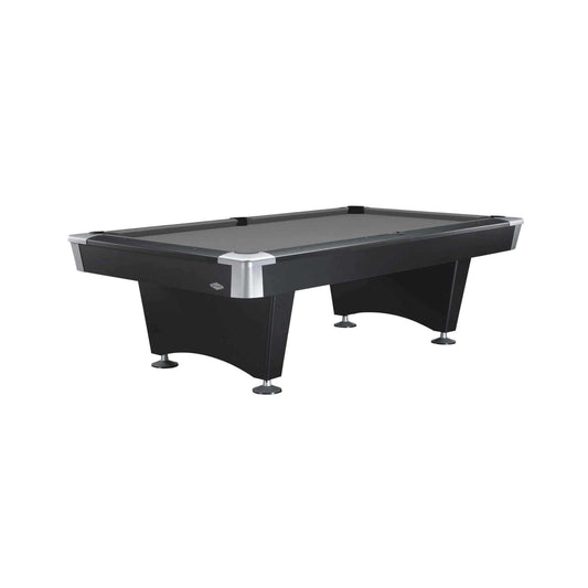 Black Wolf II Table by Brunswick in matte black with durable metal rail pocket corners and round rail sights, available in 7 ft or 8 ft sizes.
