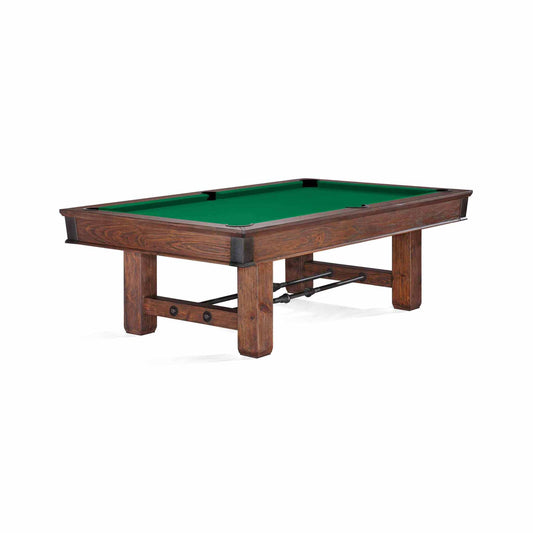 Canton pool table by Brunswick Billiards in Black Forest finish with hand-hammered metal sights and drop pockets, 8 ft size