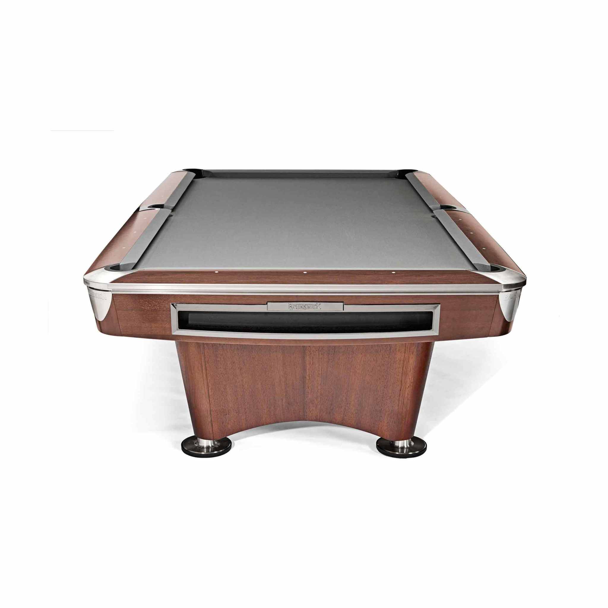 Gold Crown VI pool table by Brunswick Billiards with modern styling, low-profile legs, brushed nickel accents, and premium woolen cloth playing surface Gold Crown VI pool table by Brunswick Billiards with modern styling, low-profile legs, brushed nickel accents, and premium woolen cloth playing surface
