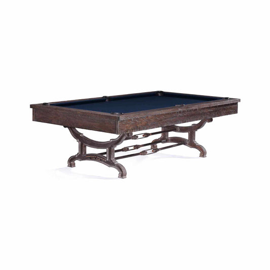 Birmingham Pool Table by Brunswick Billiards with distressed wood finish and cast iron pedestal legs, industrial vintage design, 8 or 9 ft size options