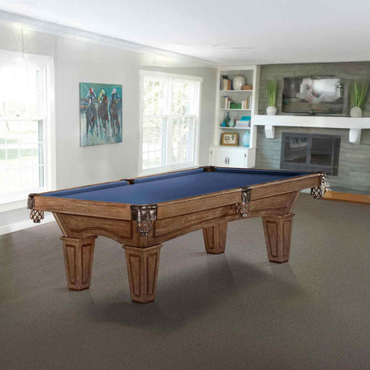 Allenton Pool Table with driftwood finish, tapered wooden legs, blue woolen cloth, and shield pockets in a modern living room