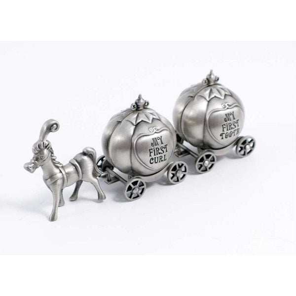 Pewter pumpkin carriage with compartments for baby's first curl and tooth keepsakes Pewter pumpkin carriage with compartments for baby's first curl and tooth keepsakes