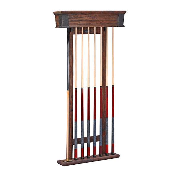 Canton Cue Wall Rack holding eight pool cues with rustic industrial wood design Canton Cue Wall Rack holding eight pool cues with rustic industrial wood design