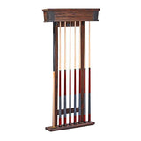 Canton Cue Wall Rack holding eight pool cues with rustic industrial wood design Canton Cue Wall Rack holding eight pool cues with rustic industrial wood design