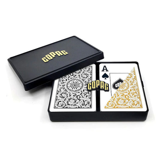 Copag 100% Plastic Jumbo Index Bridge Playing Cards Double Deck Set black and gold