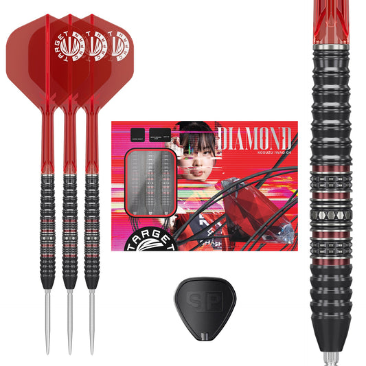 Diamond G4 SP 90% Tungsten Red and black darts with a packaging box featuring Kosuzu Iwao and brand name on a white background.
