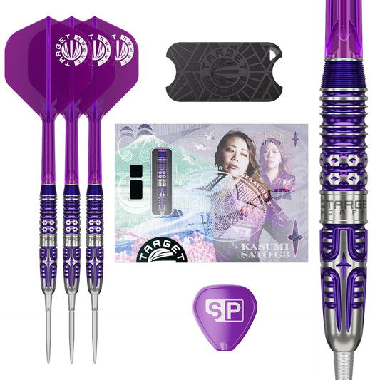 Kasumi Sato Endeavour G3 Purple and silver darts with packaging and additional components on a white background