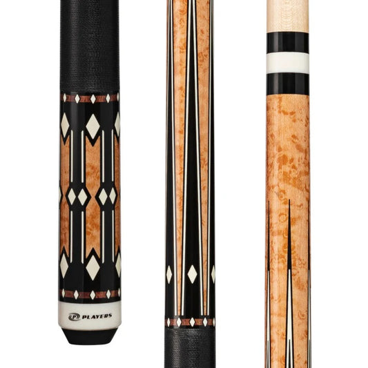 Players Light Coffee Birdseye & Imitation Bone Cue with Black Linen Wrap close up of the 3 sections of the cue