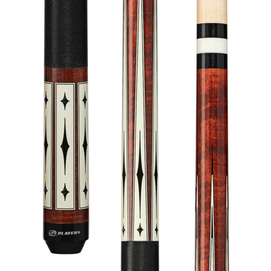 Players Curly Maple & White/Blue Diamond Cue with Black Linen Wrap close up of 3 sections of the cue