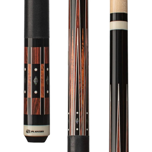 G-4144 Players® Black & Cocobolo Cue with Black Linen Wrap showing 3 sections of the cue close up