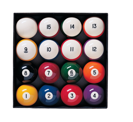 Set of Heritage Pocket Balls by Brunswick in a black tray, featuring bright white and colored numbered billiard balls, 2 1/4 inches each.