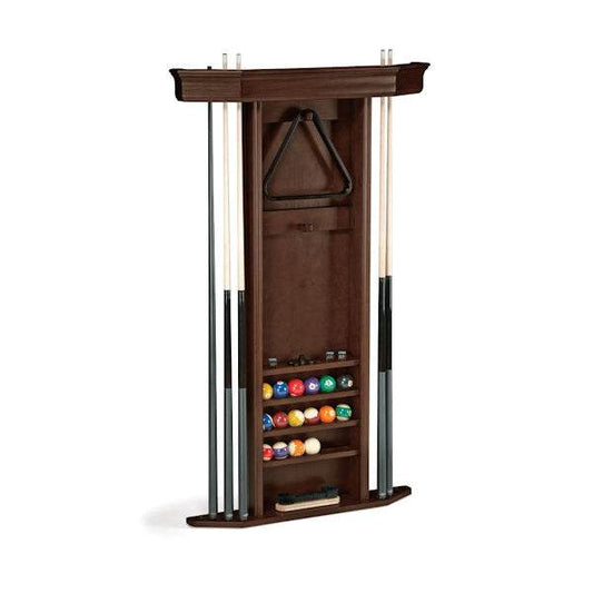 Heritage Combo Wall Rack billiard cue and accessory holder with Louis-Philippe style angled header in dark wood finish