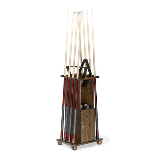 Heritage Floor Rack wooden billiard cue rack holding eight cues and accessories