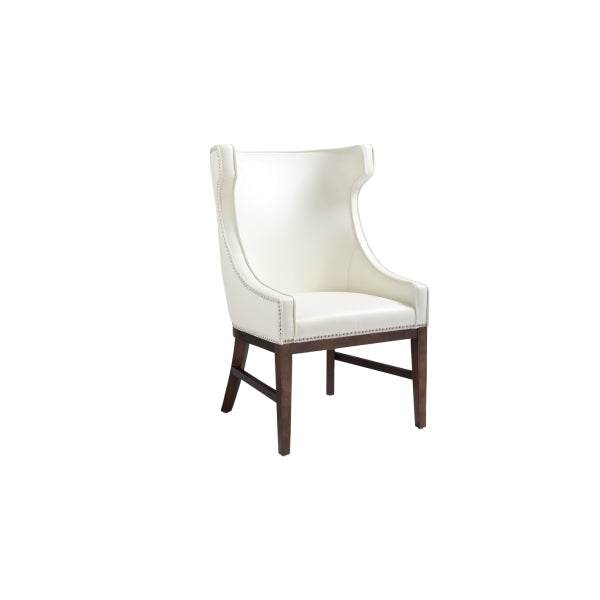 Kashmir Dining Chair with ivory bonded leather, high winged back, silver nail head trim, and espresso wooden legs. Kashmir Dining Chair with ivory bonded leather, high winged back, silver nail head trim, and espresso wooden legs.
