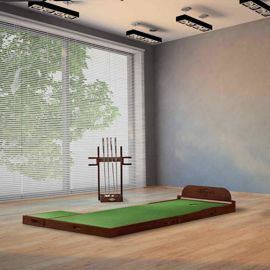 Maxwell Putting Green indoor practice set with three green sections, cup, headboard, and putter rack in espresso finish