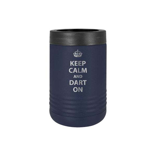 Beverage beer holder with stainless steel double wall insulation and "Keep Calm and Dart On" design
