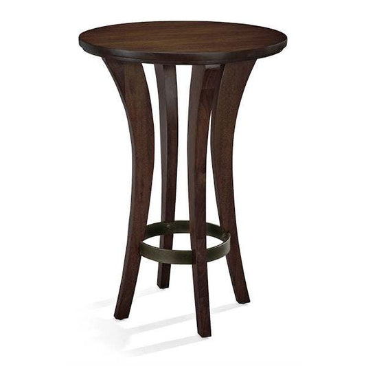 Brunswick Centennial Pub Table with solid hardwood top and arched legs featuring aged wrought iron ring base in rustic dark brown finish