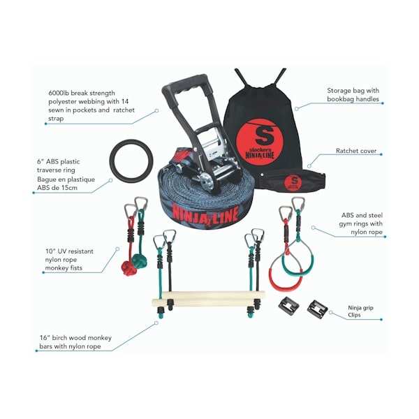 Slackers Ninjaline 36' Intro Kit with hanging obstacles, ratchet strap, monkey bars, gym rings, and carrying bag for portable ninja training Slackers Ninjaline 36' Intro Kit with hanging obstacles, ratchet strap, monkey bars, gym rings, and carrying bag for portable ninja training