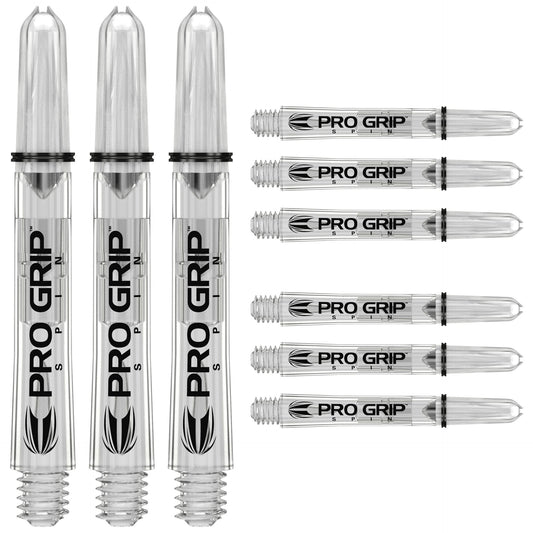 Nine Pro Grip darts with clear shafts and black branding on a white background
