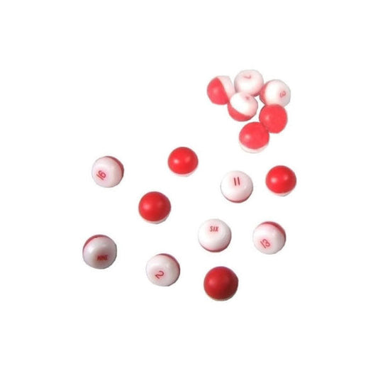 Plastic Pea Pool tally balls in red and white used for marking numbers in Kelly pool billiards game