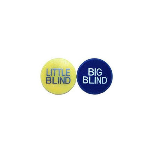 Set of 2" poker buttons labeled Little Blind in yellow and Big Blind in blue