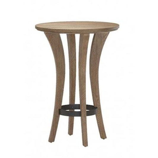 Brunswick Centennial Pub Table with arched wooden legs and wrought iron ring base in rustic grey finish