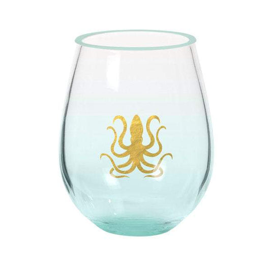 Stemless wine glass set of 2 with gold octopus design, acrylic, 3.5 x 4.5 inches