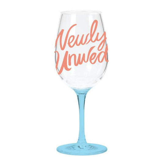 Stem wine glass with blue stem and "Newly Unwed" text in pink for celebrations