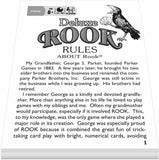 Deluxe Rook card game rules book page with vintage Rook bird illustration and family game details Deluxe Rook card game rules book page with vintage Rook bird illustration and family game details