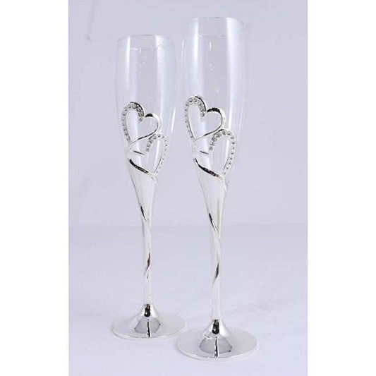 Pair of Double Hearts Toasting Flutes with silver-dipped base and intertwined heart design, perfect for wedding toasts and personalized engraving
