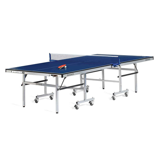 Smash 5.0 Table Tennis table with blue 18mm thick playing surface, foldable design, caster wheels, net, paddles, and balls included