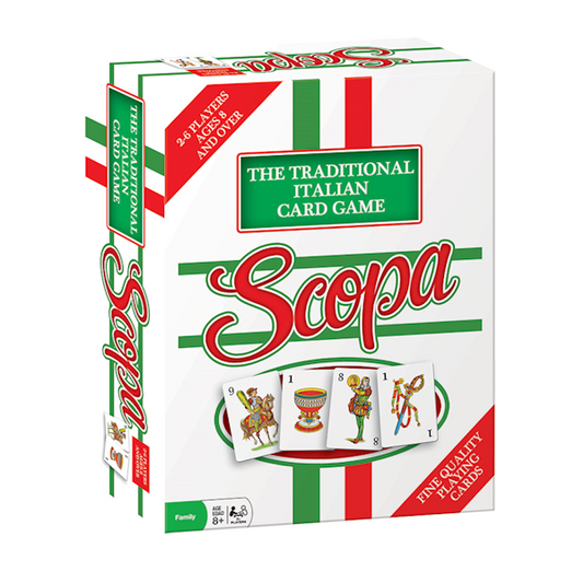 Traditional Italian Scopa card game box with fine quality playing cards and green, white, red design