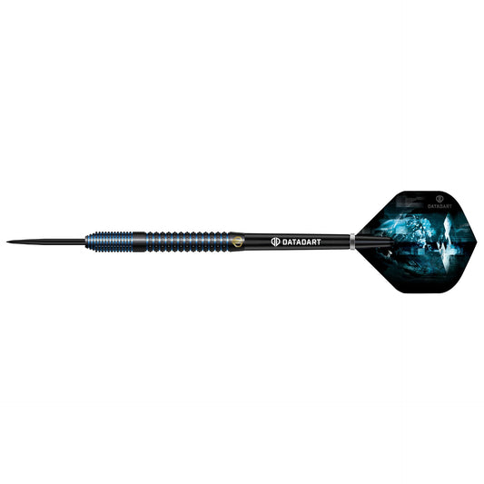 Datadart Shiver 90% Tungsten Dart with a black and blue design on a white background