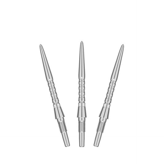 Close-up of premium stainless steel Swiss Storm Surge Points dart tips with unique grip and engraved grooves