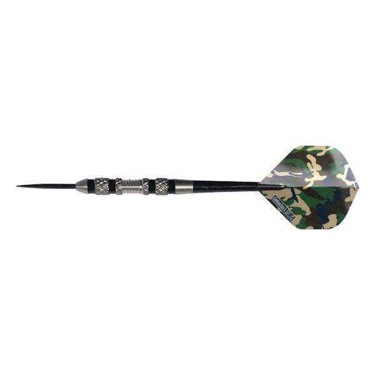 Set of Trooper 80% tungsten darts with black knurled grip and camo flights