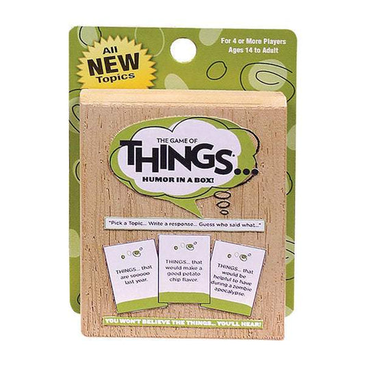 Things Card Game with 107 topic cards, response pad, and instructions for 4+ players aged 14+, featuring new humorous topics and guessing gameplay