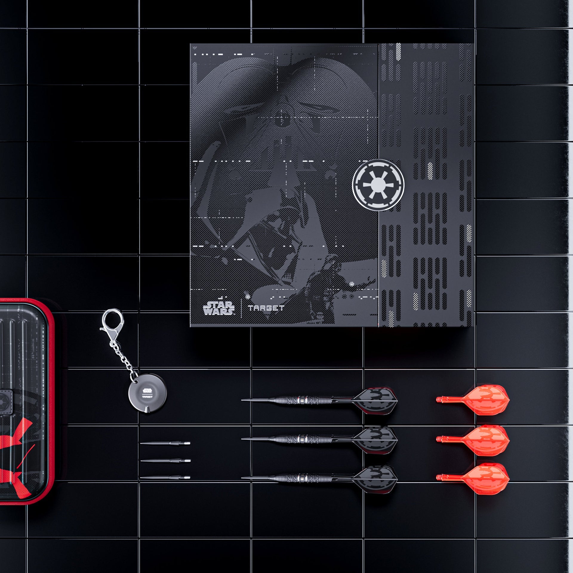 Star Wars-themed dart set with target, darts, and keychain on a black tiled background Star Wars-themed dart set with target, darts, and keychain on a black tiled background
