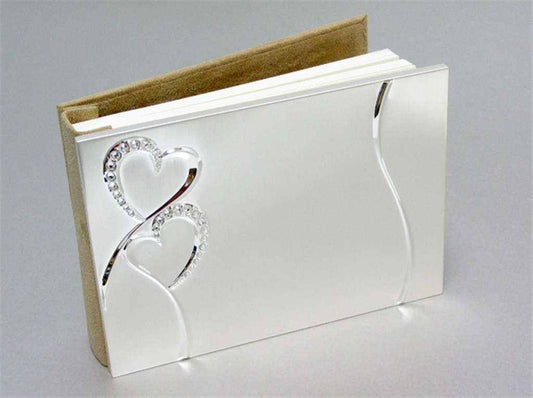 Double Heart Silver wedding guest book with two intertwined hearts and clear stones on brushed two-tone silver cover