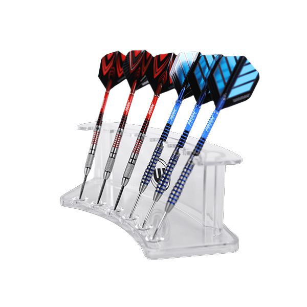 Winmau Wave Dart display stand holding two sets of assembled darts with red and blue flights Winmau Wave Dart display stand holding two sets of assembled darts with red and blue flights