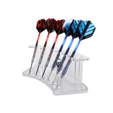 Winmau Wave Dart display stand holding two sets of assembled darts with red and blue flights Winmau Wave Dart display stand holding two sets of assembled darts with red and blue flights