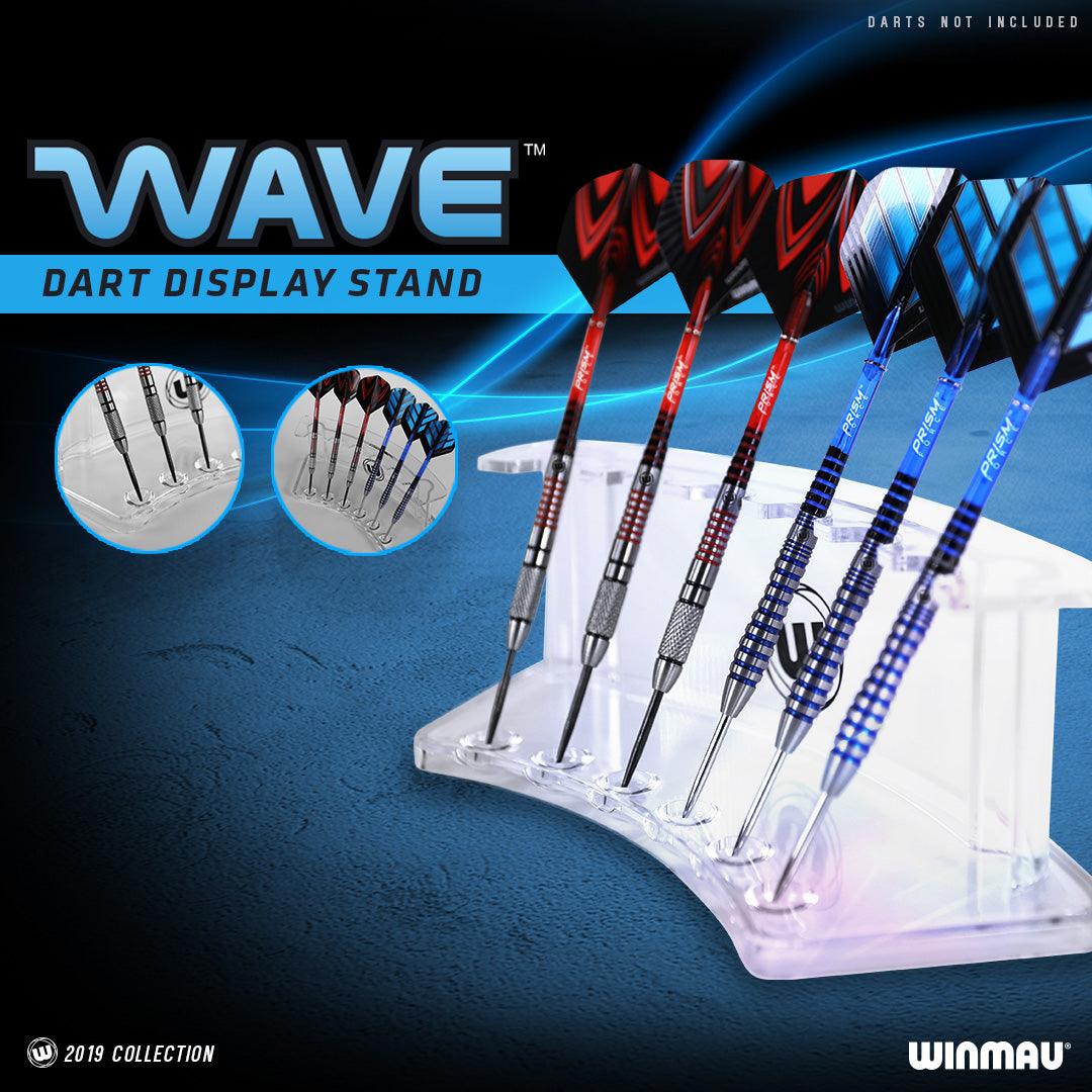 Winmau Wave dart display stand holding two sets of darts, clear and sleek design Winmau Wave dart display stand holding two sets of darts, clear and sleek design