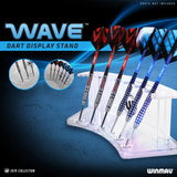 Winmau Wave dart display stand holding two sets of darts, clear and sleek design Winmau Wave dart display stand holding two sets of darts, clear and sleek design