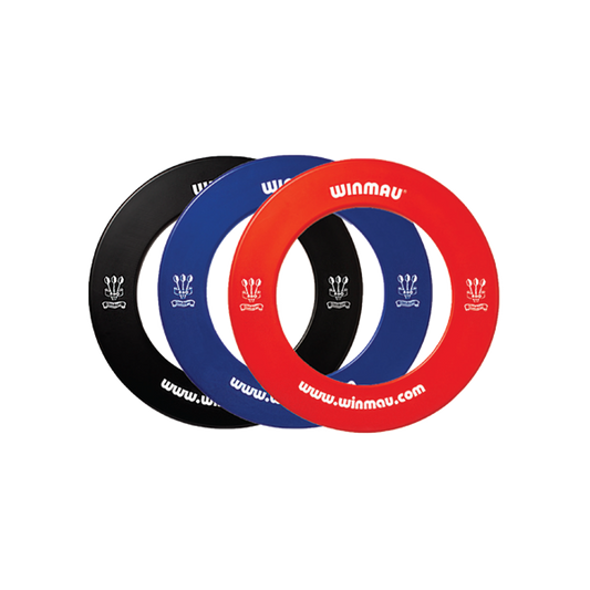Winmau Printed Surround dartboard protector rings in black, blue, and red with logos, designed for Winmau bristle dartboards