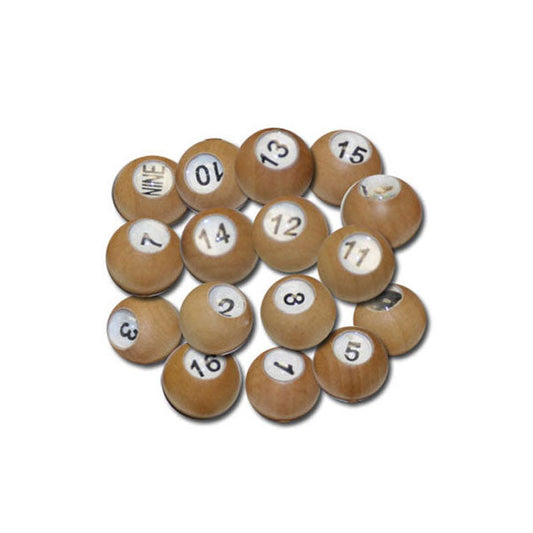 Set of numbered wooden pea pool tally balls for game scoring