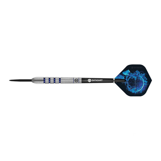 Datadart Arcis 90% Tungsten darts with radial nose, deep-cut grooves, blue electro-coated finish, and included stems and flights