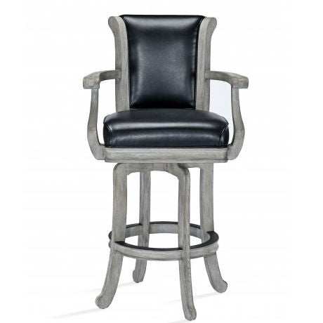 Brunswick Centennial Bar Stool with black leather seat and rustic grey wood finish, swivel seat, set of two