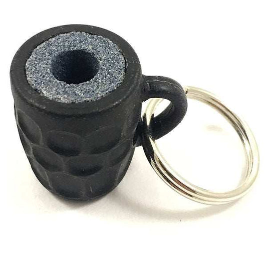 Beer mug shaped steel tip dart sharpener keychain with grinding surface